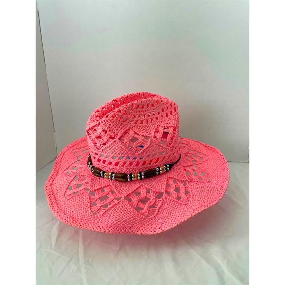 Pink Crochet Straw Cowboy Hat Western Beach Sun Hat with Beaded Wooden Band